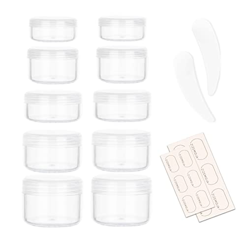 10 Pieces Small Travel Containers, 3/5/10/15/20 Gram Size Travel Jars, Cosmetic Travel Size Containers For Lotions And Creams, Plastic Sample Containers Jars With 12Pcs Labels, 2Pcs Mini Spatula #TOP3