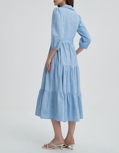 Kedera Womens 3/4 Sleeve Tiered Maxi Dresses Casual Button Down Tie Waist Flowy Shirt Midi Dresses Long Ruffle Sundress3