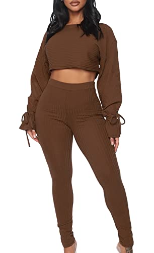 Solid Color Two Piece Outfits For Women, Ribbed Long Sleeve Crop Top And Bodycon Jogger Pants Clubwear Ribbed Tracksuit Sweatsuit, Women's Fall Loose Athletic Clothing 2 Piece Sets (Coffee-1, M) #TOP20