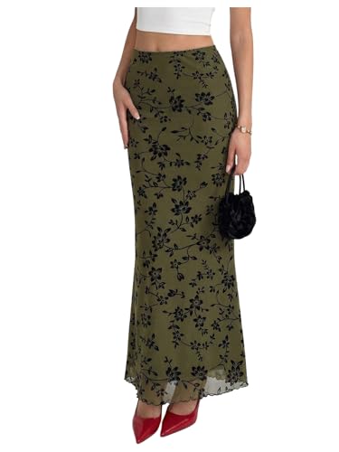 BEAUDRM Women's Y2K Leopard Skirt Floral Summer Long Maxi Skirt Cheetah High Waisted Vacation Outfits Green Vintage Large