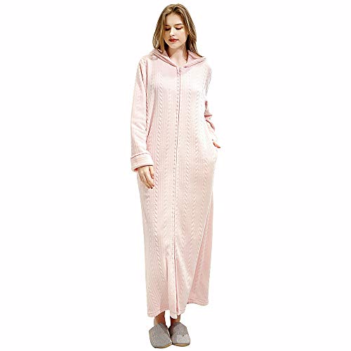 Womens Fleece Robe Hooded Full Length Zipper Bathrobe Cozy Plush Long Warm Winter Housecoat Nightgown