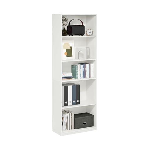 Furinno GEHRY Book Shelf, 5-Tier Bookshelf, Bookcase with Adjustable Shelves, 11.6 x 24.8 x 71.4, for Living Room, Bedroom, Home Office, White