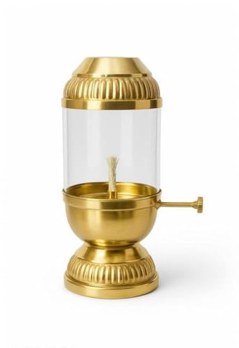 Image of K.N Creation Brass Akhand Jyoti Diya Oil Lamp with Adjustable Bati Knob | Lifting Screw Wick Holder for Puja | Borosilicate Glass Cover (Small- Oil Capacity 80 ML) Stay Lit for 20 Hours
