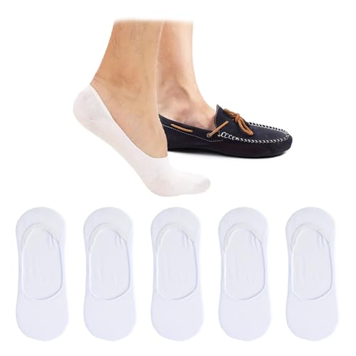 5 Pairs Men Invisible No-Show Socks Casual Non Slip Short Boat Low-Cut Socks in Solid Color (UAE/KSA Alpha One Size Regular Regular White)