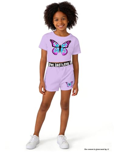 Image of Betusline Girls Summer 2 Piece Outfits,Kids Short Sleeve Crop Top & Shorts Set with Side Pockets