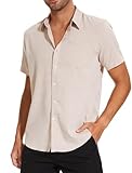 Evelom Linen Button Down Shirt for Men Short Sleeve Casual Shirts Mens Collar Summer Beach Shirt Kha