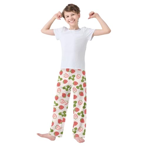 ZZXXB Strawberry and Leaves Boys Long Pants Soft Trousers Elastic Waist Kids Lounge Bottoms with Pockets S-XL2