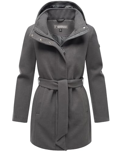 MARIKOO Damen Langer Trenchcoat warme Übergangsjacke in Woll-Optik mit Abnehmbarer Kapuze Katalinaa 16 Anthracite Gr. L