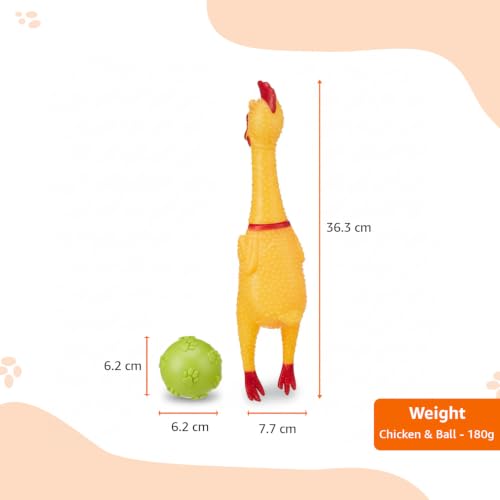 Image of Amazon Basics Interactive Dog Toy Combo | Squeaky Yellow Chicken & Rubber Ball | Latex Chew & Fetch | Non-Stuffed | for Puppies & Small Dogs