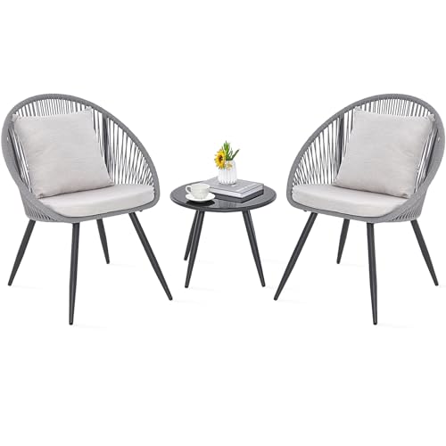 COSTWAY 3 Piece Rattan Furniture Set, String Patio Bistro Set with 2 Chairs and Glass Coffee Table, Outdoor Wicker Dining Set Conversation Table Chairs for Backyard, Porch & Garden