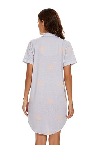 Image of CHUNG Nightshirts for Women Short Sleeve Cotton Sleepshirt Loungewear Button Down Dress pjs Pajamas Plus Size