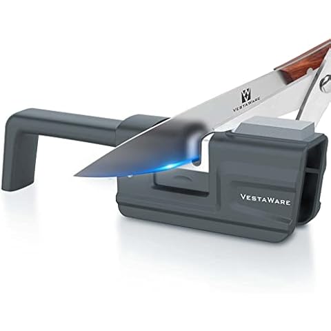 Vestaware Knife Sharpeners, Foldable Handle, 3 in 1 Blade and Scissor Sharpening Tool to Help Polish, Sharpen and Repair Kitchen Knives with Sharpener Stone, Gray Cover