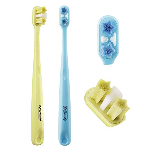 OBrush Extra Soft Toothbrush for Kids, Children Toothbrush with Ultra Soft Bristles, BPA-Free Tooth Brush for Toddler Sensitive Gums and Teeth, Star Pattern Head, Color Blue and Yellow Pack of 2