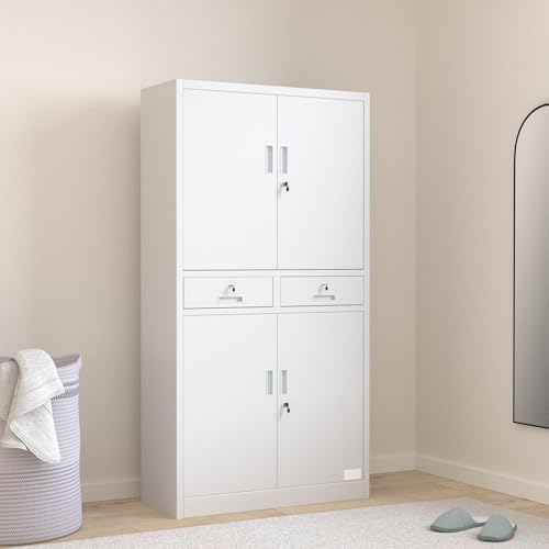 tectake® Armario Archivador Oficina en Acero, Armario Exterior e Interior con Candado Seguridad, Armario Multiusos con 5 Alturas, 4 Puertas, 2 Cajones, 3 Estantes Ajustables, 180x90x40 cm - Gris - imagen 2