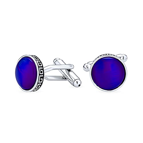 Bling Jewelry Geometric Ancient Fret Greek Key Pattern Edge Blue Simulated Sapphire Gemstone Round Dome Glass Shirt Cuff Links For Men Executive Bullet Hinge Back Silver Tone Stainless Steel #TOP6