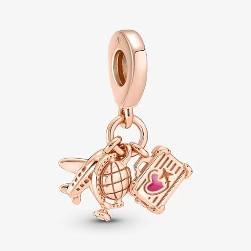 PANDORA Airplane, Globe & Suitcase Triple Dangle Charm - Gift for Her - Compatible Moments Rose Charm - With Gift Box2