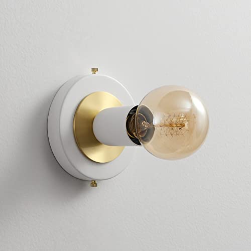 Image of BRIGHTTIA Luna Uno 1-Light Wall Sconce - Mid Century Industrial Modern Flush Mount Fixture for Wall & Ceiling - Minimalist Lamp for Bathroom and Small Spaces - White & Gold (BC0026-1WG)