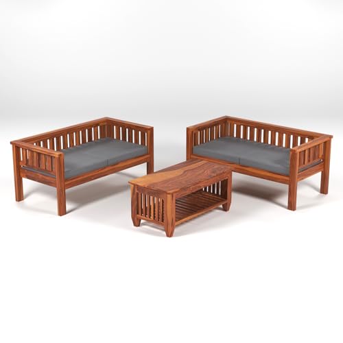 Image of Sheesham Wood 4 Seater Low Height Sofa Set with Coffee Table for Living Room | 4 Seater Sofa Set | Wooden Sofa Set | Grey Cushion (2+2, Honey Finish)