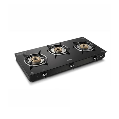 Image of Glen Toughened Glass Top LPG Gas Stove 3 Burner 70 cm | Brass Burners | Black | Auto Ignition | ISI Certified | 360 Revolving Nozzle | 2 Years Standard Warranty | 1030GTBBBLAI