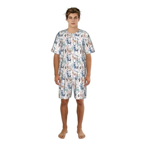 Pijama de hombre de dos piezas conjunto de ropa de dormir con estampado de cactus de llama