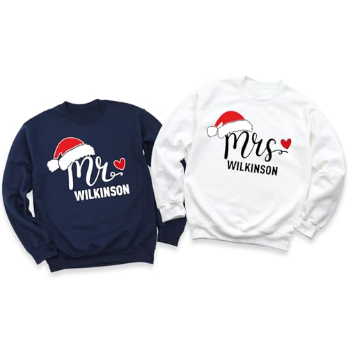 Custom Mrs Mr Christmas Sweatshirt Pack - Matching Couple Christmas Sweatshirts with Santa Hat Design - Unisex Sizes
