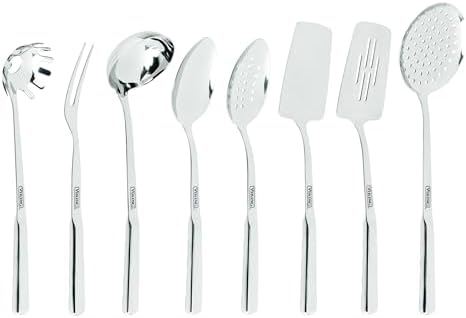 Viking Kitchen Utensils Set, 8 Piece Stainless Steel Cooking Utensil Set, Includes Spatulas, Spoons, Pasta Fork, Deep Ladle, Meat Fork, and Skimmer, Silver
