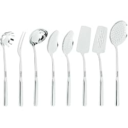 Viking Kitchen Utensils Set, 8 Piece Stainless Steel Cooking Utensil Set, Includes Spatulas, Spoons, Pasta Fork, Deep Ladle, Meat Fork, and Skimmer, Silver