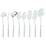 Viking Kitchen Utensils Set, 8 Piece Stainless Steel Cooking Utensil Set, Includes Spatulas, Spoons, Pasta Fork, Deep Ladle, Meat Fork, and Skimmer, Silver