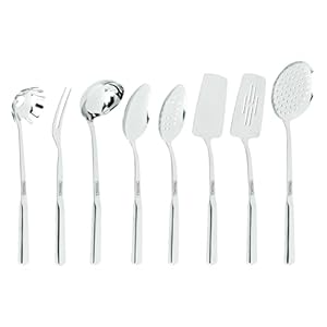 Viking Kitchen Utensils Set, 8 Piece Stainless Steel Cooking Utensil Set, Includes Spatulas, Spoons, Pasta Fork, Deep Ladle, Meat Fork, and Skimmer, Silver