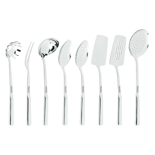 Viking Kitchen Utensils Set, 8 Piece Stainless Steel Cooking Utensil Set, Includes Spatulas, Spoons, Pasta Fork, Deep Ladle, Meat Fork, and Skimmer, Silver by Viking - Used condition - US$91.66