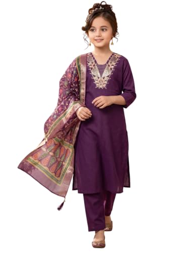Image of Girls Cotton Blend Embroidered Kurta Pant with Printed Banarasi Style Dupatta Set | Festive Ethnic Wear for Kids | Traditional Suit Set for Girls (4-14Years)