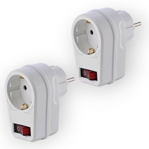 Adaptador de enchufe individual con interruptor iluminado, Interruptor de encendido/apagado de seguridad, Protección infantil integrada, 3500W - 230V, Blanco, 2 adaptadores de enchufe