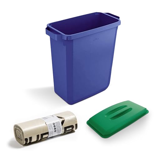 DLM Direct DURABIN - Cubo de basura rectangular azul de 60 litros y tapa verde y 25 bolsas de basura ecológicas de 110 L, juego de contenedores de plástico reciclado con asas de fácil transporte para