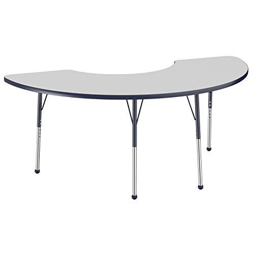 Image of FDP Half Moon Activity School and Office Table (36 x 72 inch), Standard Legs with Ball Glides for Collaborative Seating Environments, Adjustable Height 19-30 inches - Gray Top and Navy Edge