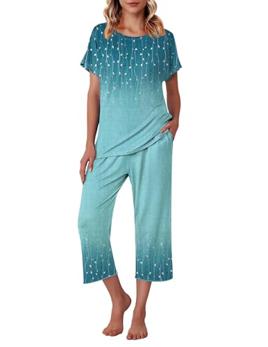 Image of Ekouaer Women's Capri Pajama Sets Print Short Sleeve Sleepwear Top and Capri Pants Soft Loungewear with Pocket