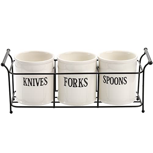 Bekith B-CERAMICCADDY-ROUND-HANDLE 3-Piece White Ceramic Silverware Caddy With Black Metal Rack, Utensil Holder Flatware Caddy Cutlery Storage Organizer thumb #1