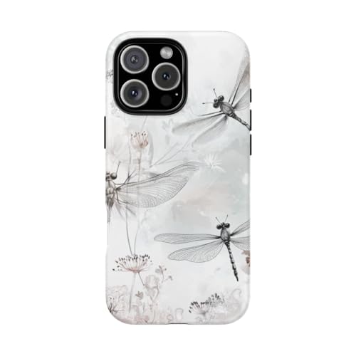 Coque rigide mate iPhone 16 Pro Max libellules grises et fleurs