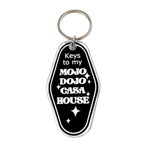 Keys to My Mojo Dojo Casa House Keychain Black Acrylic Novelty Key Tag with Retro Motel Style Design Lightweight Fun Accessory