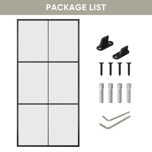 JUBEST 42in x 84in Glass Sliding Barn Door, 3-Panel Black Aluminum Frame and Clear Tempered Glass Modern French Door, Easy to Install (No Sliding Hardware Kit)
