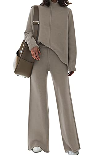 Viottiset Damen Gestrickte Outfits Stehkragen Pullover Weites Bein Hosen Zweiteilig Set Sweatsuit Loungewear Khaki S