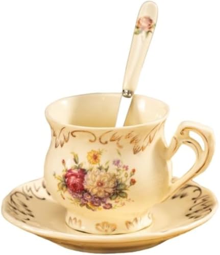 Eiuuioj コーヒーカップセット セラミックティーカップセット 素晴らしいパターンの磁器 ソーサーとスプーン付き 香り付き紅茶 ブラックティー コーヒー ホームオフィス アフタヌーンティー ハイエンド 絶妙なホーム 小型 ハイエンド エレガントなティー