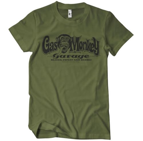 Gas Monkey Garage Licenza Ufficiale Logo T-Shirt da Uomo (Oliva), Large