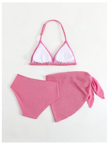 Image of SHENHE Girl's 3 Pieces Halter Triangle Bikini Sets Spaghetti Strap Swimsuit Smocked Bathing Suit with Beach Skirt