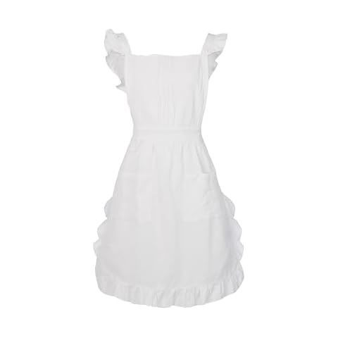 Tosewever Waist Aprons for Women with Pockets, Waitress Costume Apron for Party Cooking Kitchen (Long Style, White) Cover