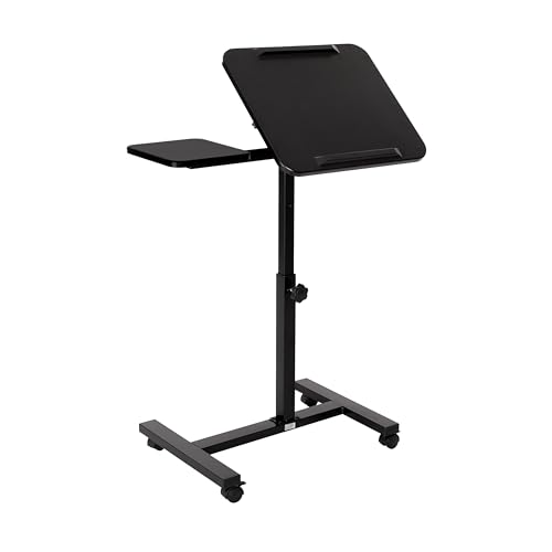 Image of Seville Classics Airlift Height Adjustable Mobile Rolling Laptop Cart Computer Workstation Desk, Table for Home, Office, Classroom, Hospital, w /Wheels, Black, Tilt w /Side Table (28 inch) (New Model)