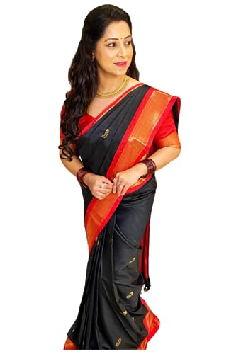 SGF11 Women's Kanjivaram Soft Lichi Silk Saree With Blouse Piece (Black Red), Black Red, One Size