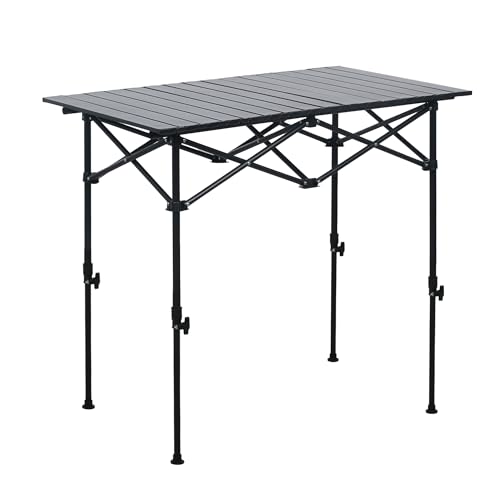 LOFTEY Folding Camping Table, Adjustable Height Aluminum Camp Table with Roll Up Top, Lightweight with Carry Bag, Portable for Camping, Backyard BBQ, Tailgating, 37.4' L x 21.7' W x 32' H, Black