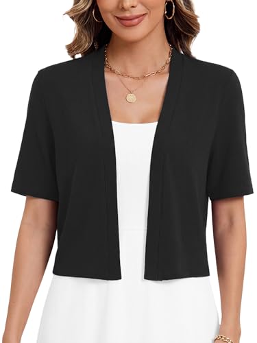 Image of Heymoments Women's Thin Shrugs Short Sleeve Lightweight Cropped Tops Open Front Knitted Cardigan for Dress Summer Bolero