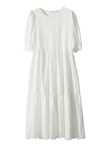 Image of chouyatou Women's Summer Puff Sleeve Midi Long Floral Eyelet Dress Embroidery Flowy Swing Party Dress