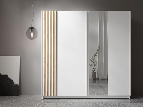 AXLIVING Kleiderschrank weiß mit Spiegel 200 cm – Beralto mit Lamellen